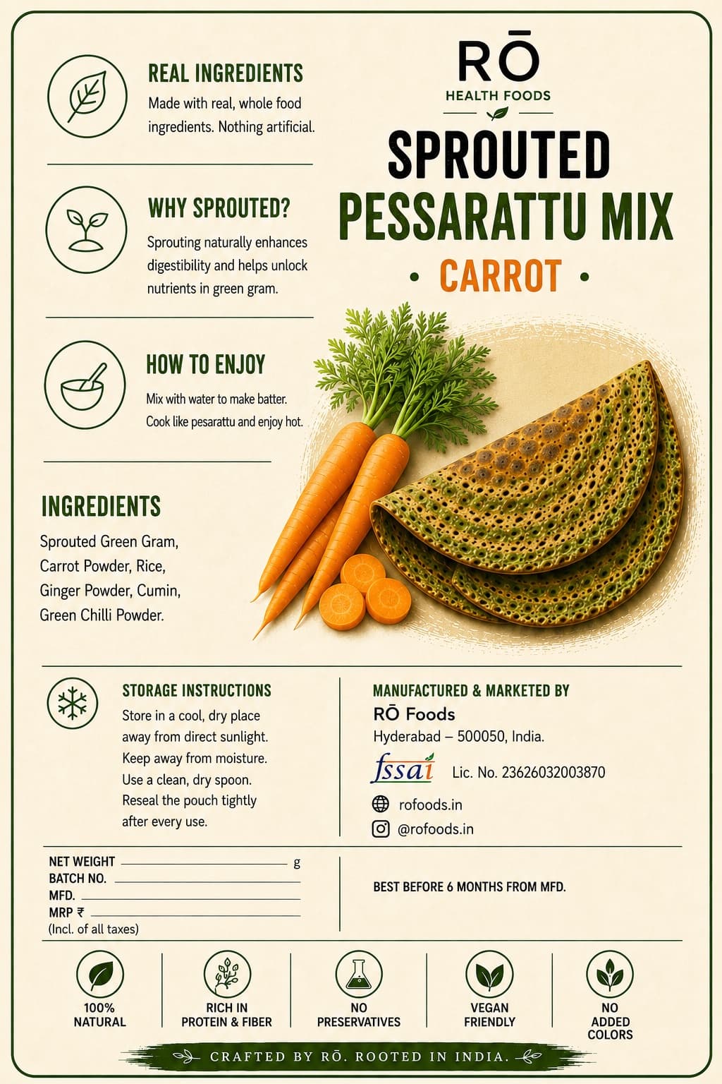 Carrot Pesarattu Mix ingredients label