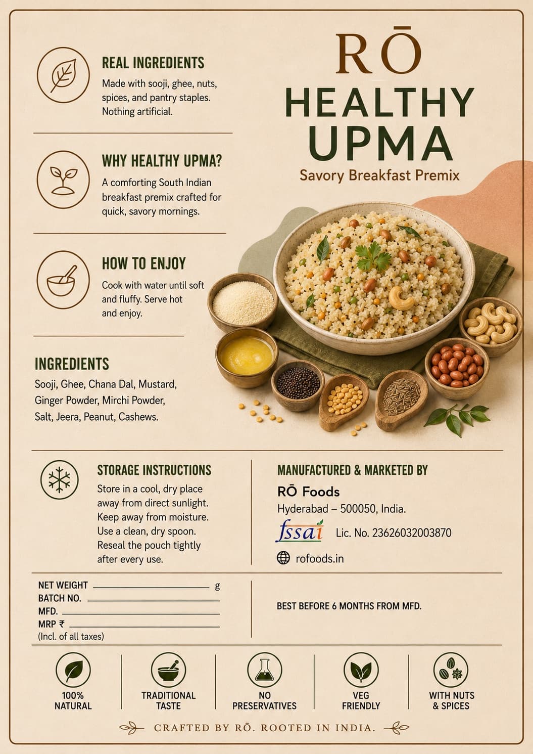Healthy Upma ingredients label