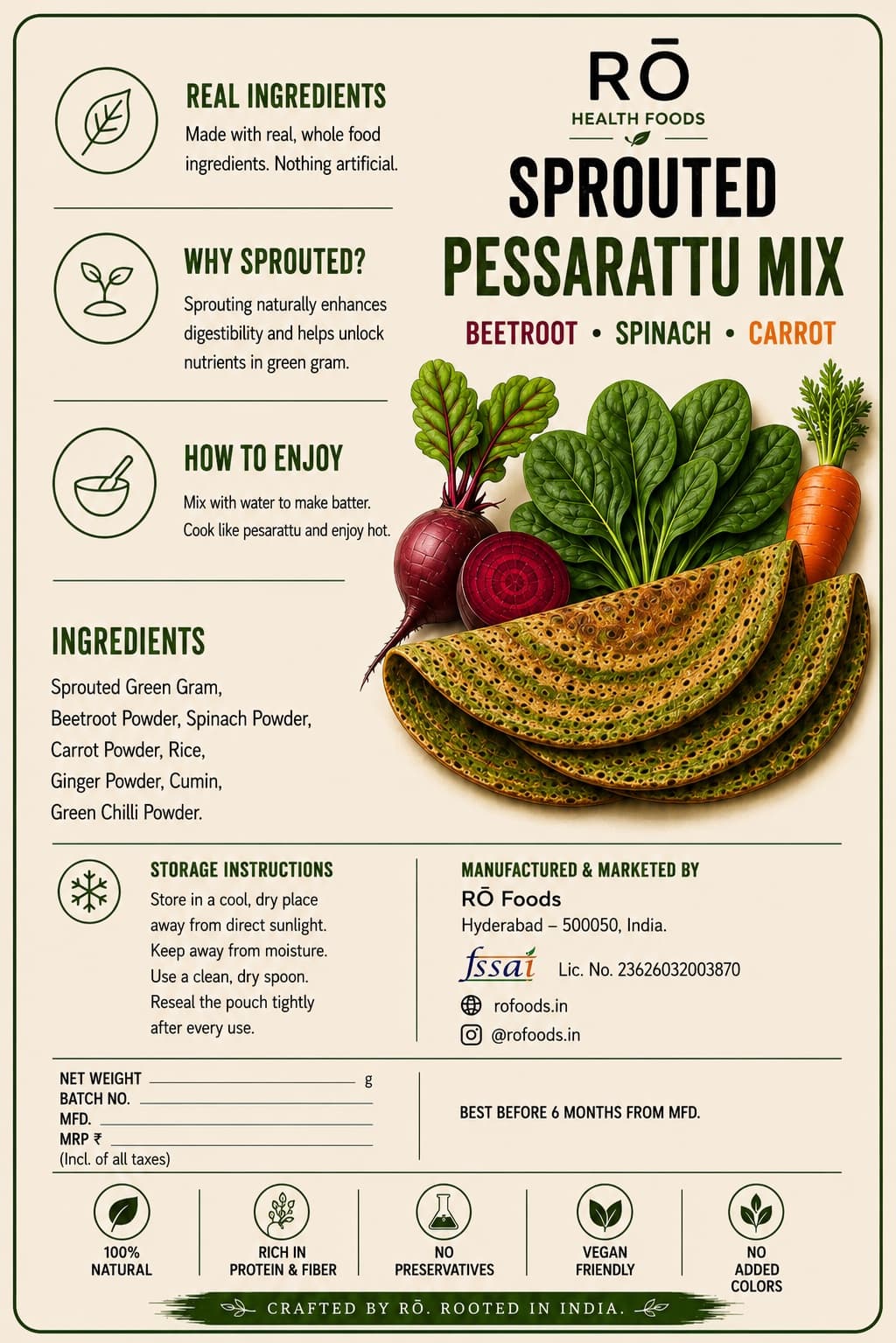 Sprouted Pesarattu Mix ingredients label