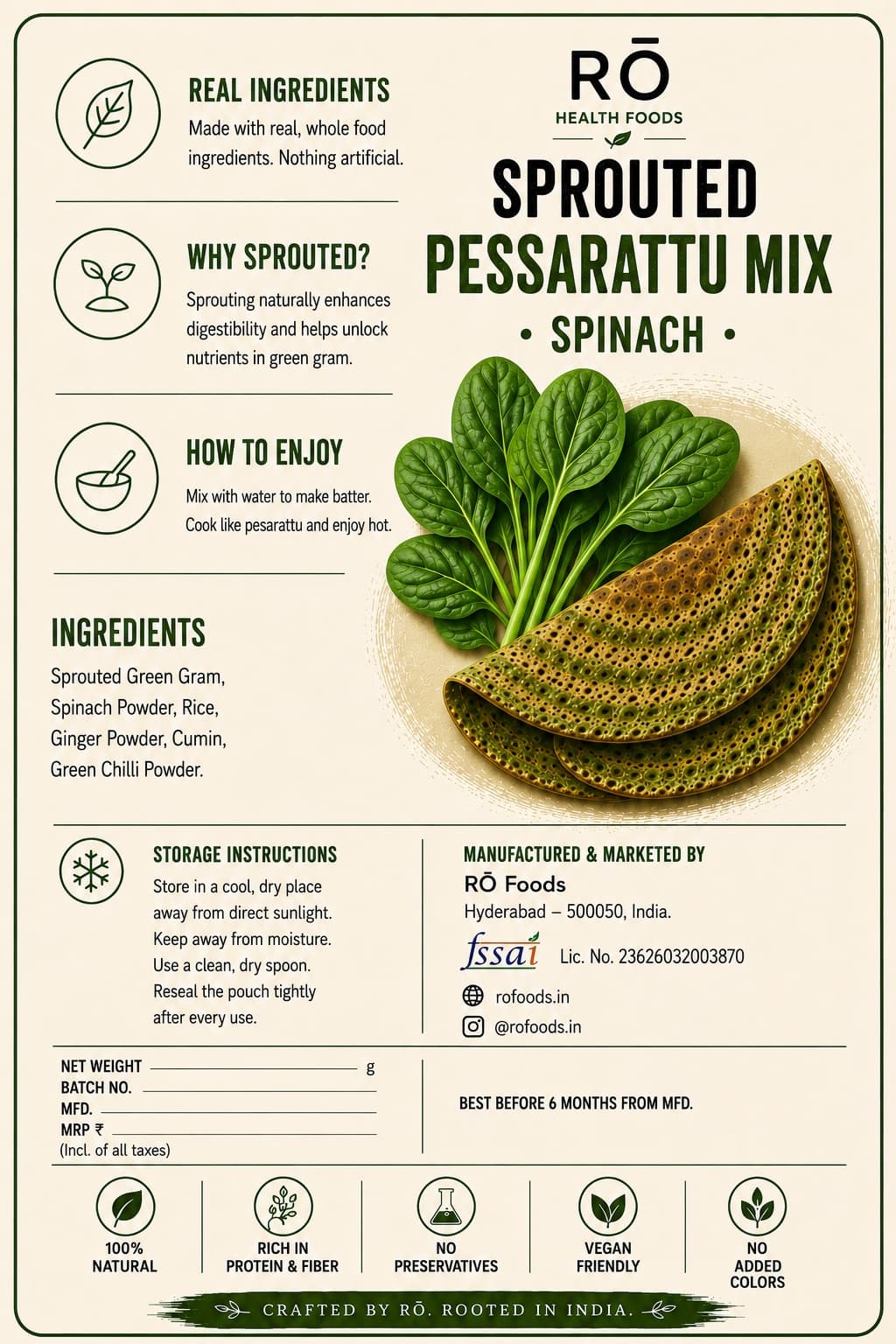 Spinach Pesarattu Mix ingredients label